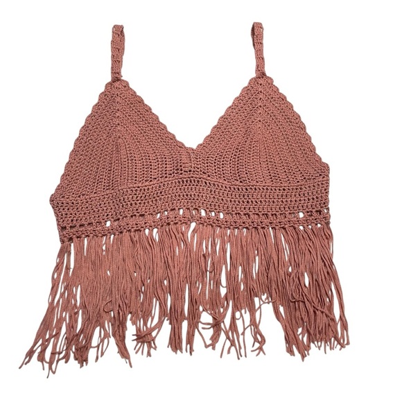 POL Crochet Fringe Crop Top Bralette – Boho Festival Tank, Dusty Rose Pink, Sz L - Picture 7 of 13